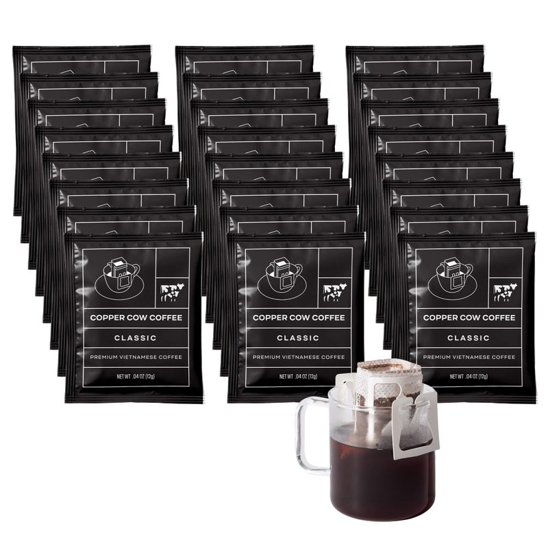 Copper Cow Coffee أكياس قهوة كوبر كاو المميزة للقهوة الفيتنامية بالتقطير الفردي (24 عبوة) | كلاسيك بلاك | تحميص داكن | أكياس قهوة مطحونة فيتنامية مريحة، مناسبة للسفر - Image 1